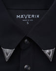 Luxury Western Golf apparel Close-up of a black shirt collar with 'MAVERIX' branding.
