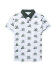 Luxury Western Golf apparel White polo shirt with green plant pattern on a white background