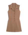 Brown sleeveless dress with buttons on a white background