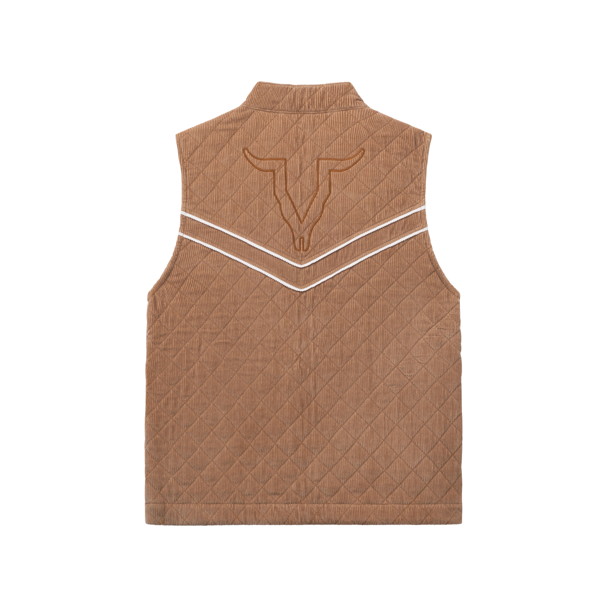 Luxury Western Golf apparel Brown quilted vest with bull head design on a white background