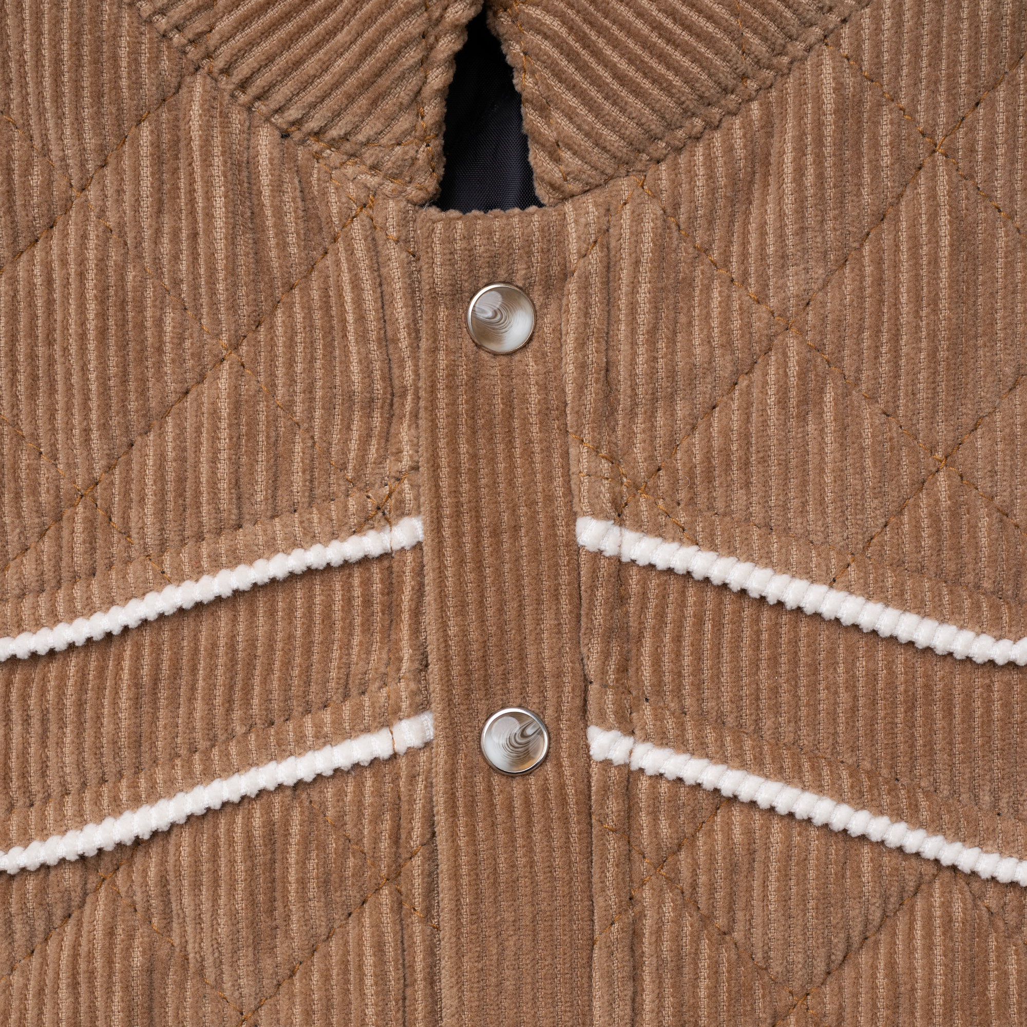 Luxury Western Golf apparel Close-up of a brown quilted jacket with white trim and buttons.
