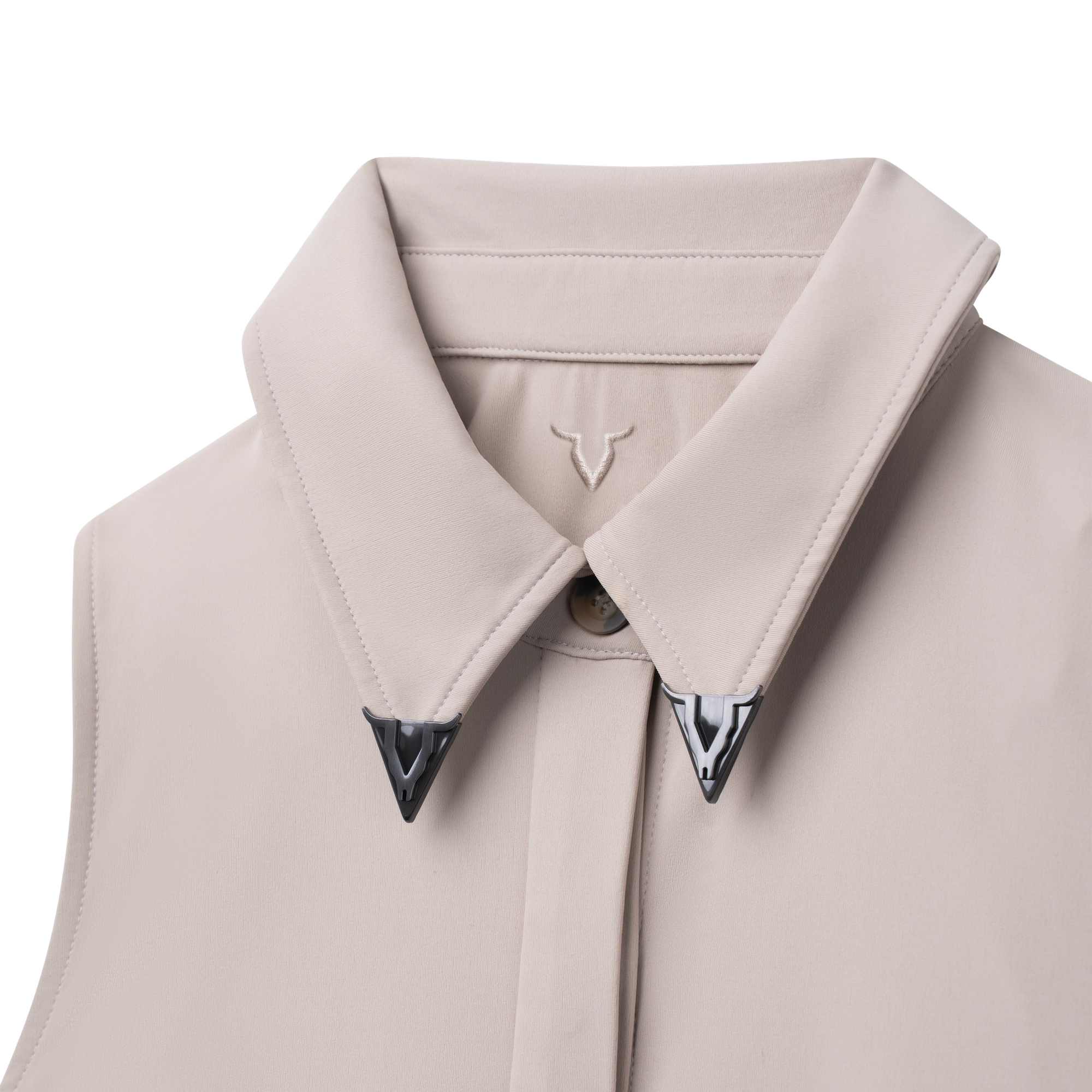 Luxury Western Golf apparel Close-up of a light gray coat with a collar and decorative buttons on a white background