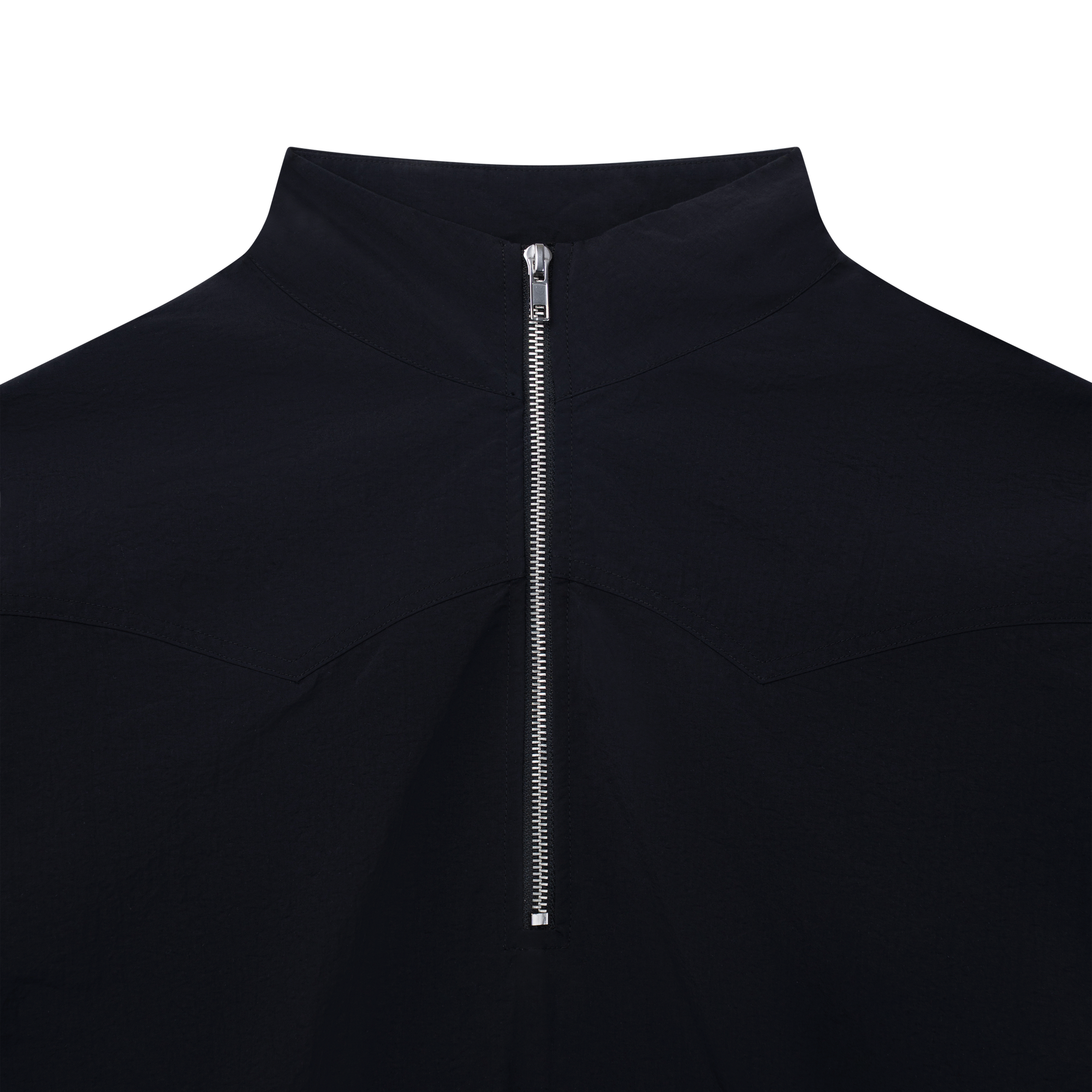 Luxury Western Golf apparel Close-up of a black quarter-zip pullover with a silver zipper on a white background