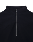 Luxury Western Golf apparel Close-up of a black quarter-zip pullover with a silver zipper on a white background