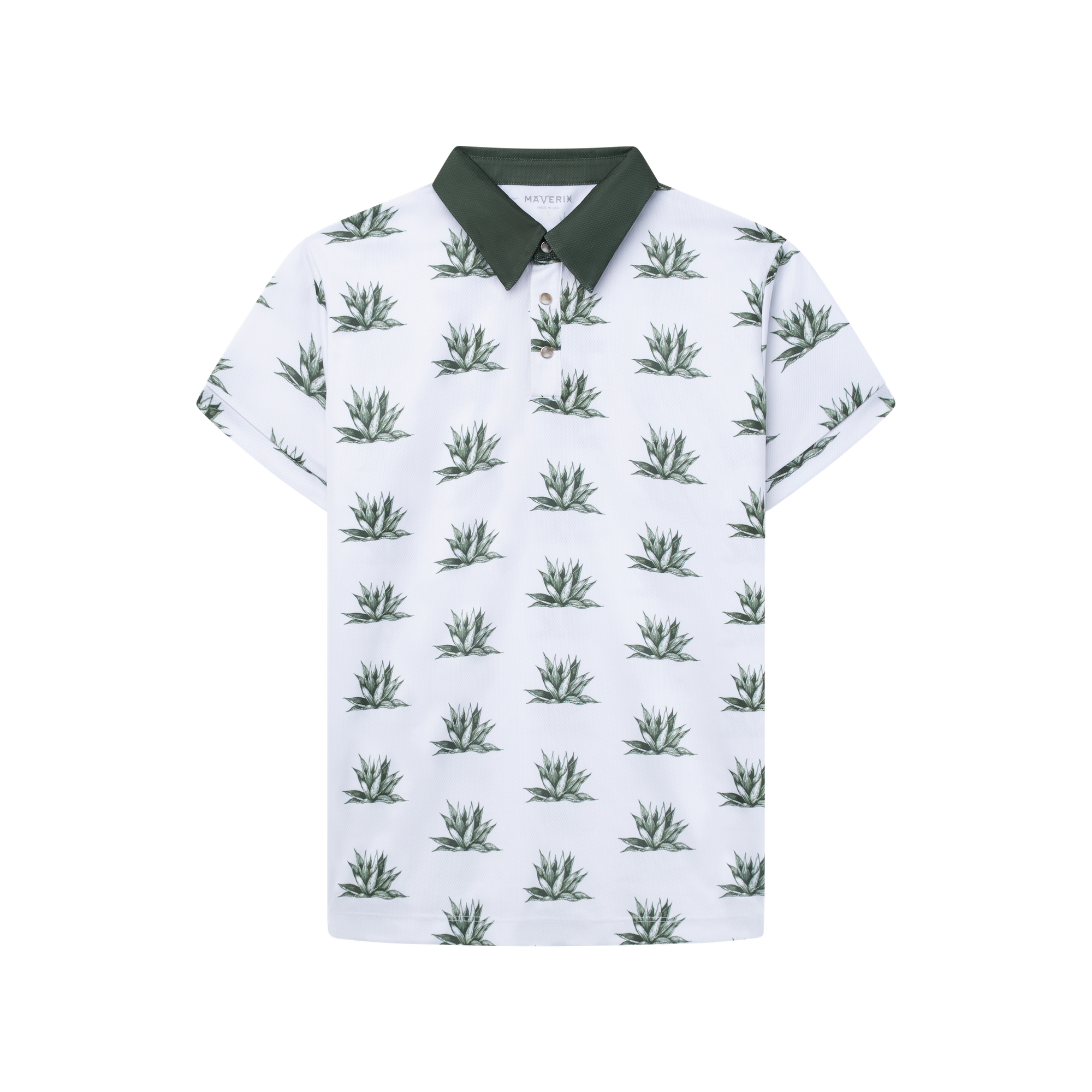 Luxury Western Golf apparel White polo shirt with green plant pattern on a white background