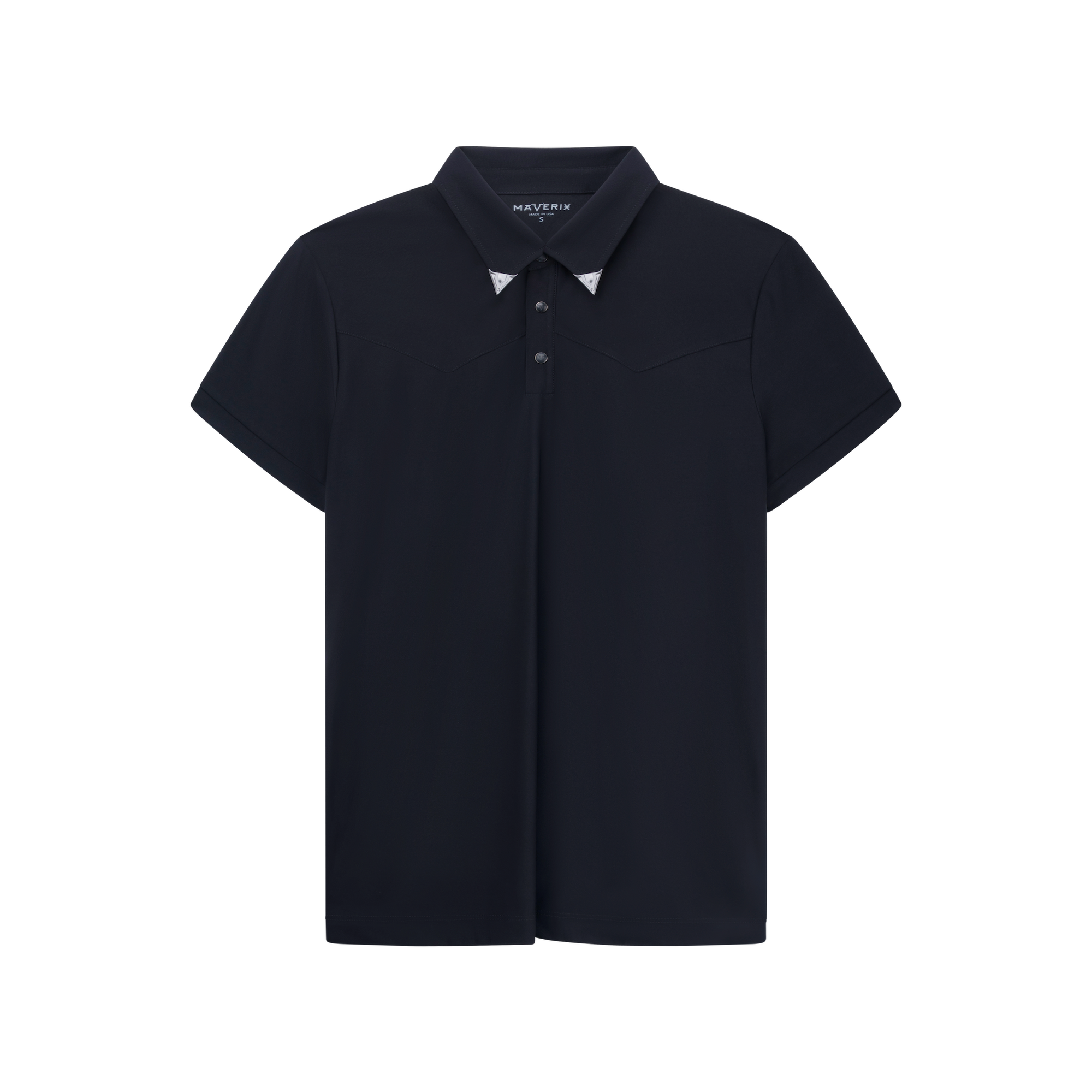 Luxury Western Golf apparel black polo shirt with a brand logo on a white background